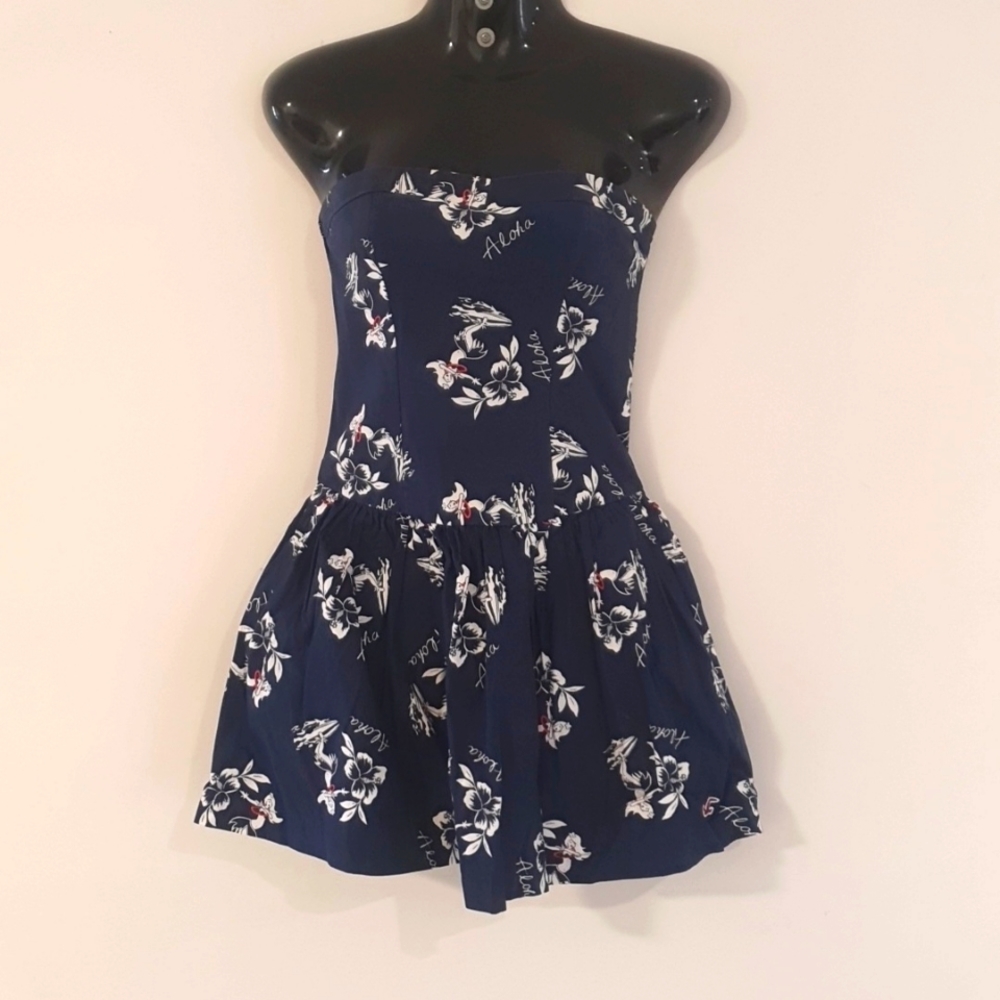 Hollister Size S (approx 10) Long Strapless Navy Blue Aloha Top 100% Cot… - Picture 1 of 8
